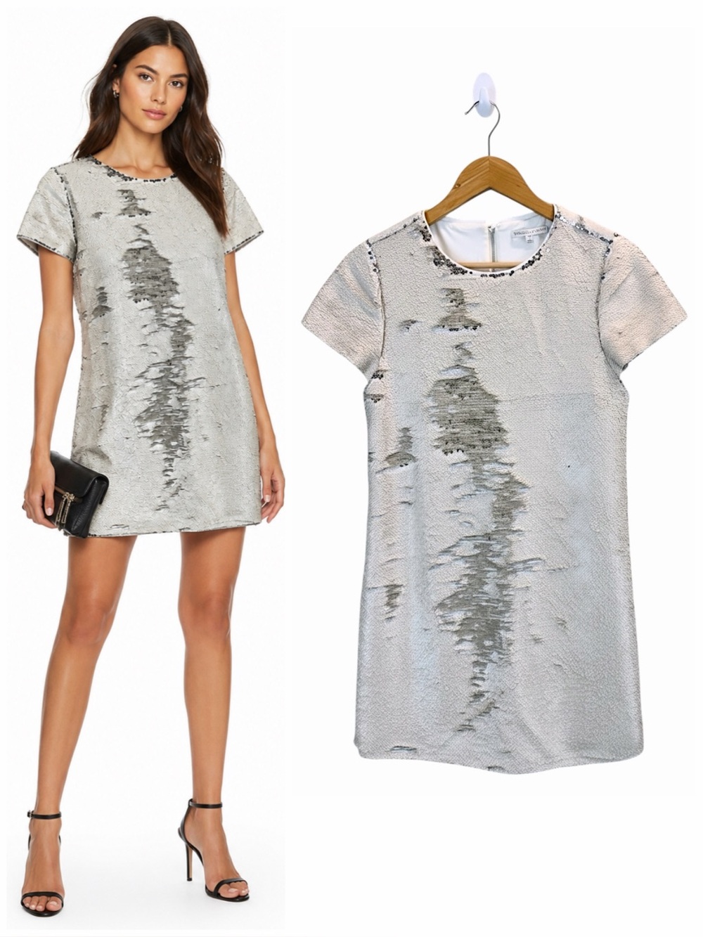 Rebecca Minkoff Sequin Shift Dress Silver White Mini Cocktail Party 4
